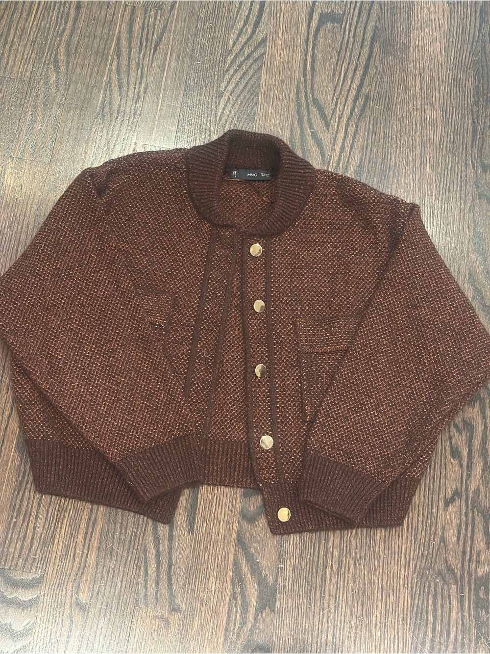 Mango Rust-Brown Textured Knit Cardigan with Gold Buttons